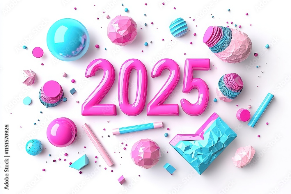 A lively arrangement features the year 2025 in large pink numbers surrounded by colorful geometric shapes, spheres, and decorative elements in shades of pink and blue, creating a festive atmosphere.