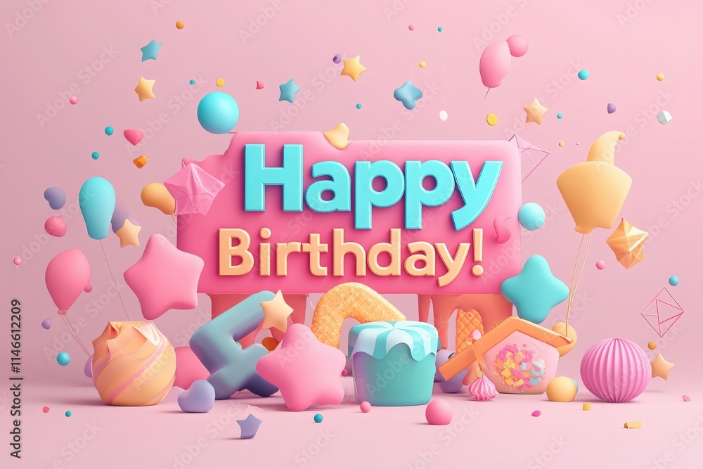 A lively arrangement of pastel-colored decorations fills the scene, celebrating a birthday with cheerful elements like gifts, balloons, and sweets. Festive stars enhance the joyful atmosphere.