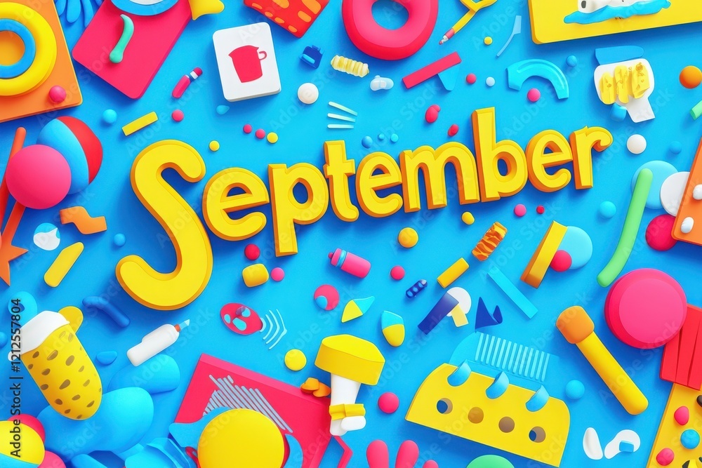A lively arrangement showcases the word September surrounded by bright, playful shapes and objects in various colors. The background features a blue base that enhances the cheerful atmosphere.