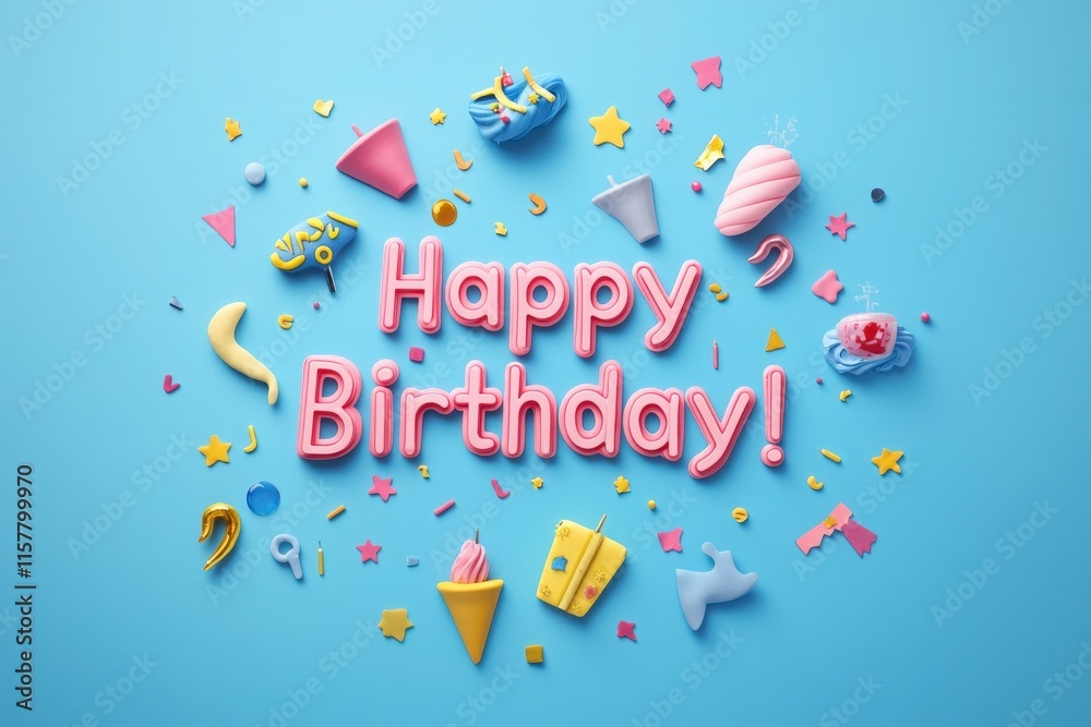 A lively array of birthday decorations on a blue background features colorful cakes, stars, and balloons, all celebrating the cheerful Happy Birthday message.