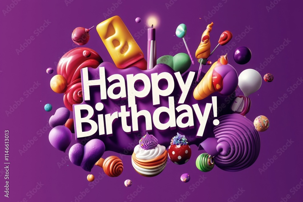 A lively birthday decoration showcases various colorful candies and desserts against a bright purple background.