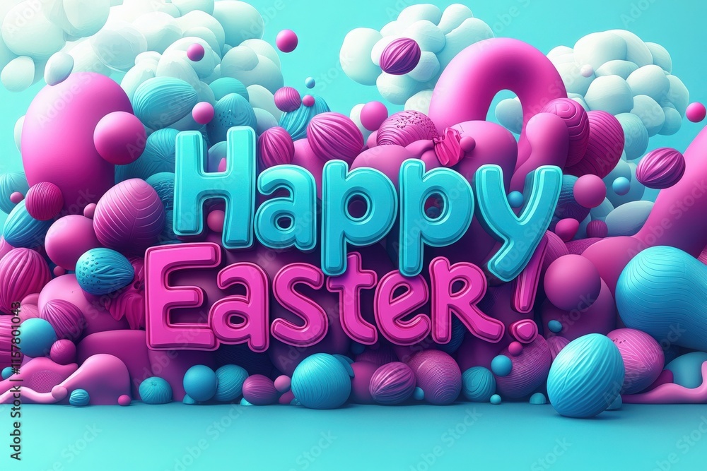 A lively composition features bold, playful 3D shapes in shades of blue and pink that spell out a festive greeting for Easter, surrounded by soft, fluffy clouds and decorative elements.
