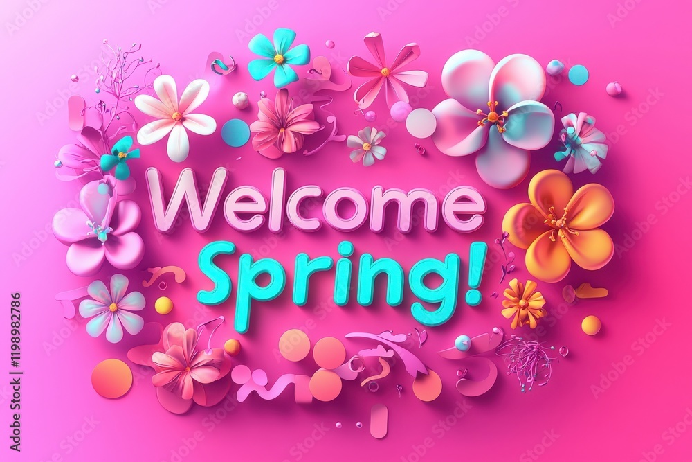 A lively composition featuring the phrase Welcome Spring surrounded by various colorful flowers on a bright pink backdrop. The cheerful design signifies the arrival of the spring season.
