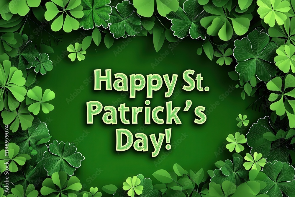 A lively display of green clovers surrounds a joyful greeting for St. Patricks Day. The vibrant colors and festive design create an inviting atmosphere for the celebration.
