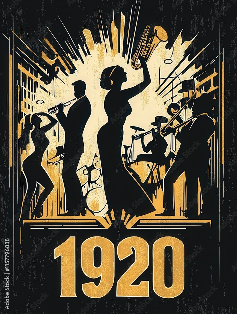 A lively event showcases jazz musicians playing brass instruments while a dancer captivates the audience. The retro vibe of the 1920s is palpable with stylish outfits and dynamic movement.