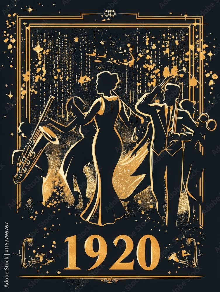 A lively jazz ensemble plays music as elegantly dressed dancers twirl and sway in a hall adorned with golden decorations. The energy captures the essence of the 1920s celebration.