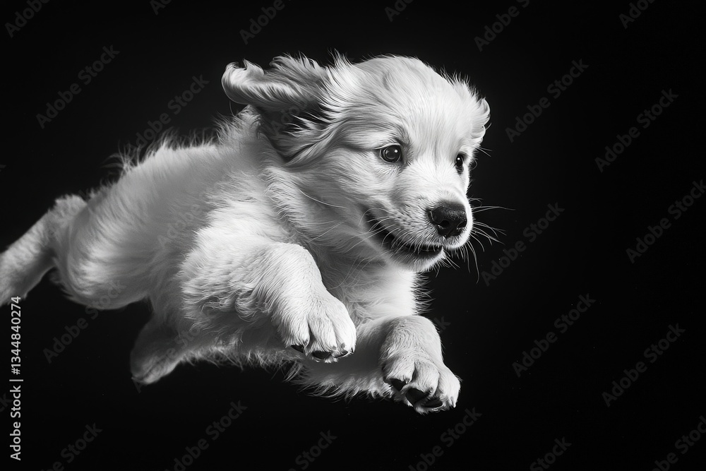 A lively puppy is captured mid-jump, its fur fluffed as it playfully floats against a black backdrop. The dogs expression is filled with excitement and curiosity, embodying the essence of youth.