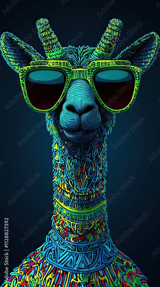 A llama adorned with intricate patterns and bright colors presents an artistic expression. It wears stylish sunglasses, adding a playful touch. The striking blue and green hues create a modern look.