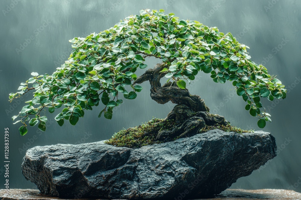 A lush bonsai tree with vibrant green leaves grows resiliently on a rugged rock base. Mist creates a tranquil ambiance, enhancing the beauty of this miniature landscape.