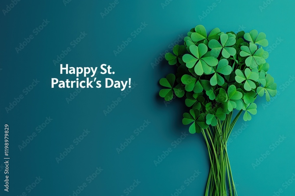 A lush bunch of green shamrocks is displayed against a bright teal background, celebrating St. Patricks Day. The design conveys festive cheer and seasonal spirit.