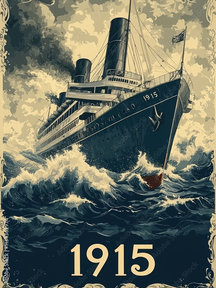 A majestic ocean liner, adorned with grand smokestacks, navigates turbulent waters. The artwork reflects maritime history from the year 1915, highlighting engineering marvels of its time.