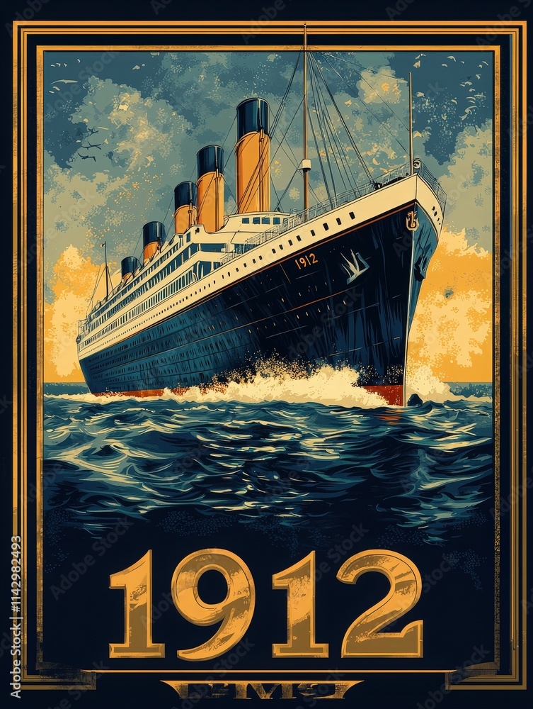 A majestic ocean liner adorned with three prominent smokestacks cuts through the vibrant blue waves. The year 1912 is displayed prominently, hinting at its historical significance and era.