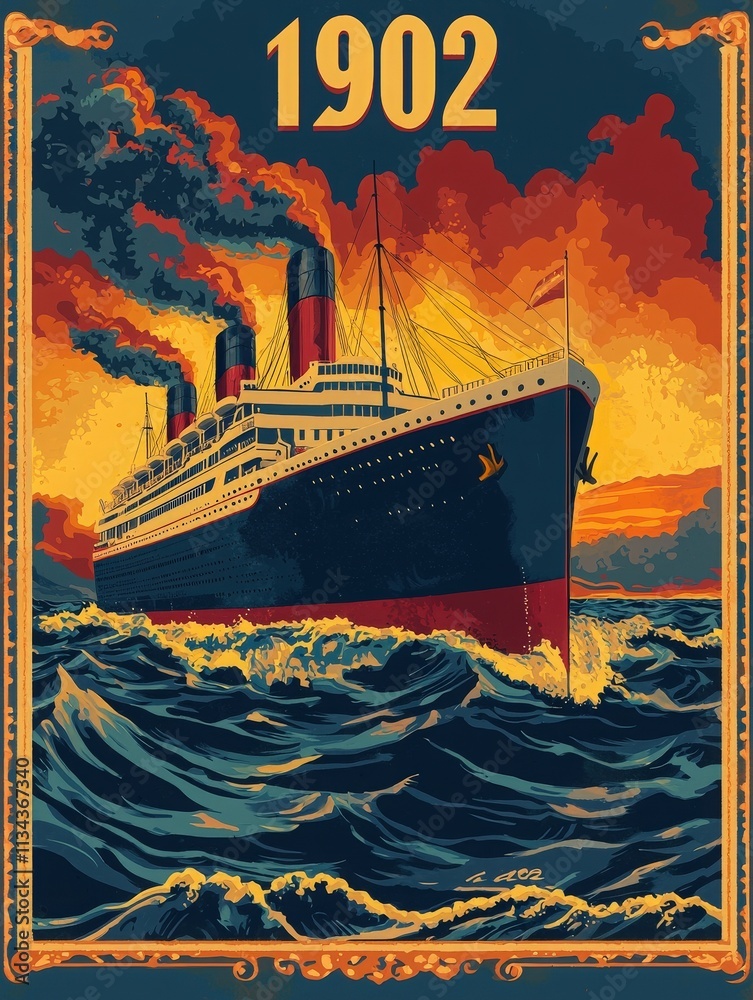 A majestic ocean liner cuts through choppy waves, billowing smoke from its stack, set against a vibrant sunset. The year 1902 is prominently displayed above the ship.