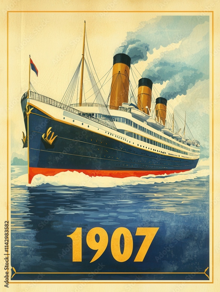 A majestic ocean liner cuts through tranquil waters, smoke billowing from its three towering smokestacks. This scene captures a bygone era of lavish sea travel in the year 1907.
