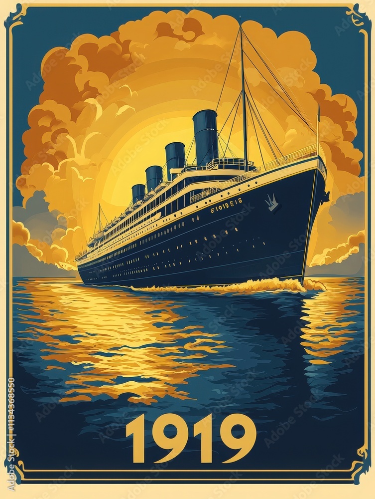 A majestic ocean liner glides across calm waters at sunset, with three tall smokestacks rising above. The warm golden hues fill the sky, creating a nostalgic ambiance reminiscent of 1919.