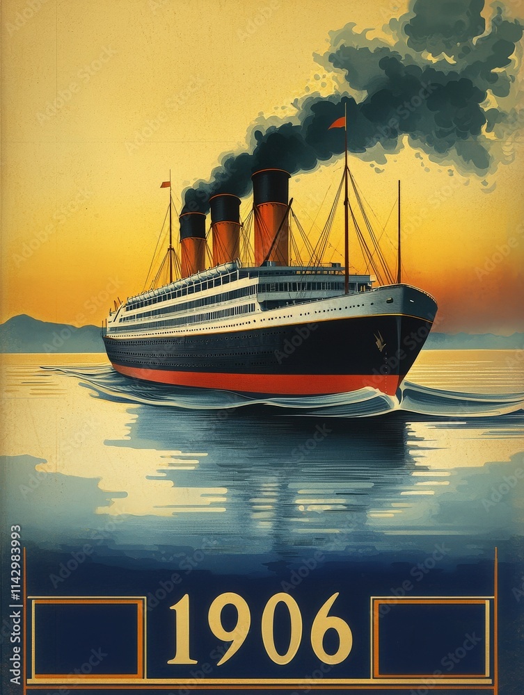 A majestic ocean liner glides across calm waters during sunset, with vibrant colors reflecting off the surface. Smoke billows from its funnels, showcasing its power and elegance.