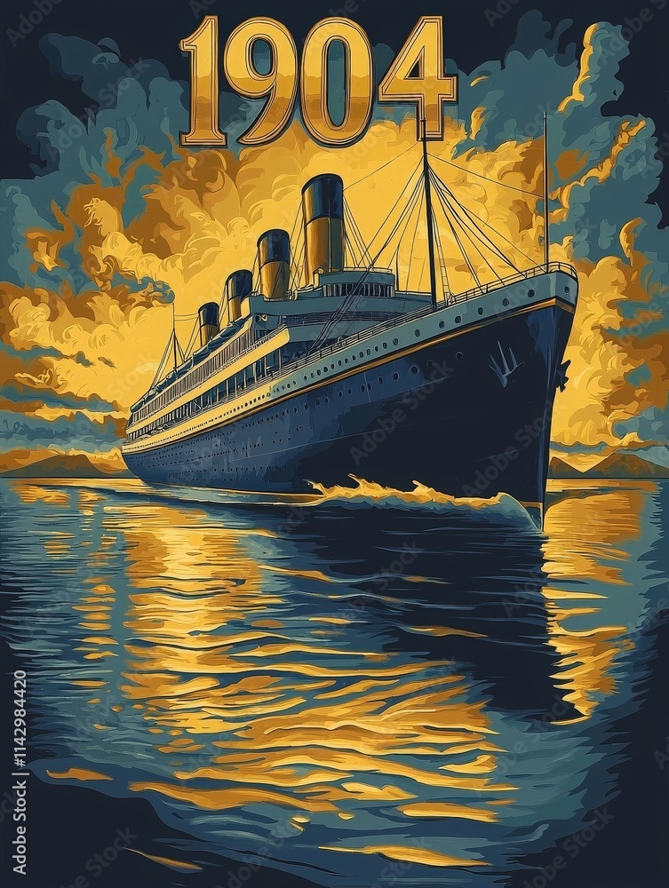 A majestic ocean liner glides across shimmering waters under a vibrant sky at dusk. The year is 1904, capturing the essence of early maritime innovation and adventure.