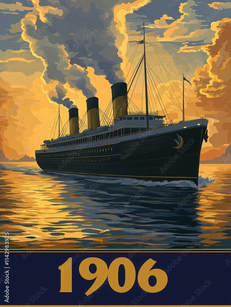 A majestic ocean liner glides across the water at sunset, smoke billowing from its three tall stacks. The vibrant colors of the sky reflect on the tranquil sea, creating a stunning view from 1906.