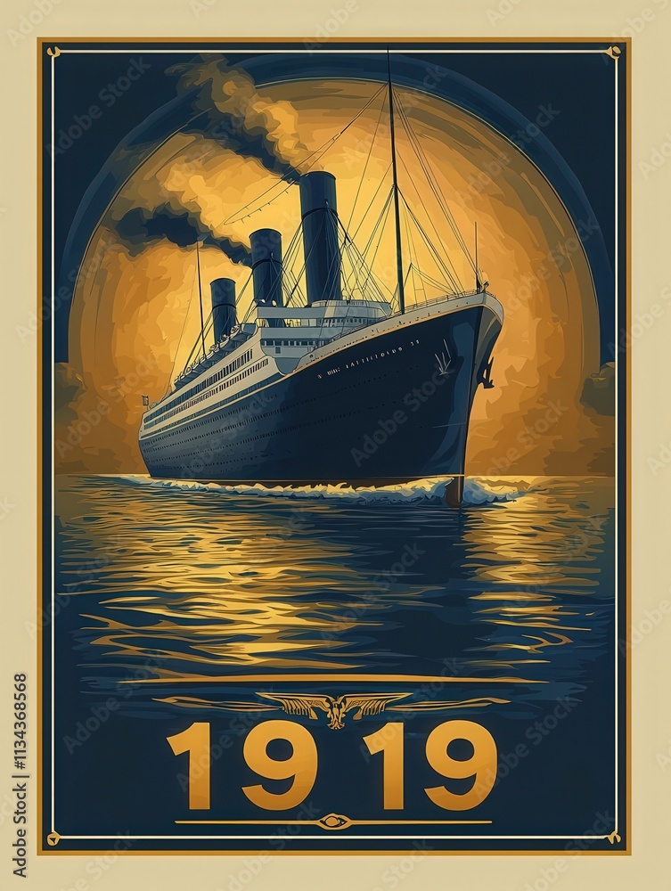 A majestic ocean liner glides smoothly across calm waters, illuminated by a large, glowing moon. The vintage design evokes the year 1919, highlighting the grandeur of maritime travel.