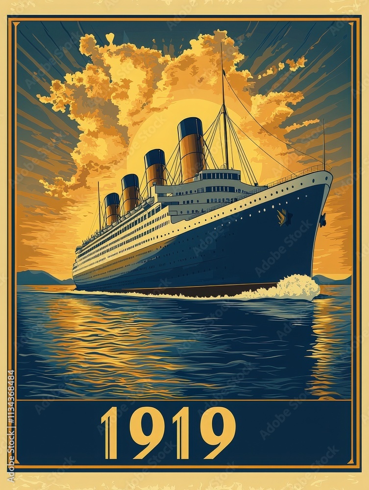 A majestic ocean liner glides through calm waters, illuminated by a golden sunset. The clouds create a vibrant backdrop, adding to the nostalgic atmosphere of 1919.