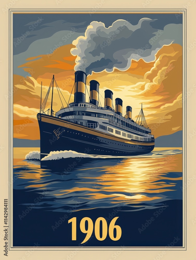 A majestic ocean liner moves through calm waters during sunset in 1906. Vibrant colors fill the sky, reflecting on the waves. The ships smokestacks emit clouds of smoke, adding to the beauty.