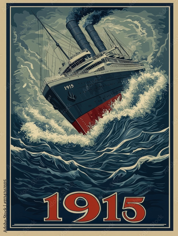 A majestic ocean liner with multiple smokestacks struggles against fierce waves. The vessels bold colors and striking design evoke the maritime spirit of 1915.