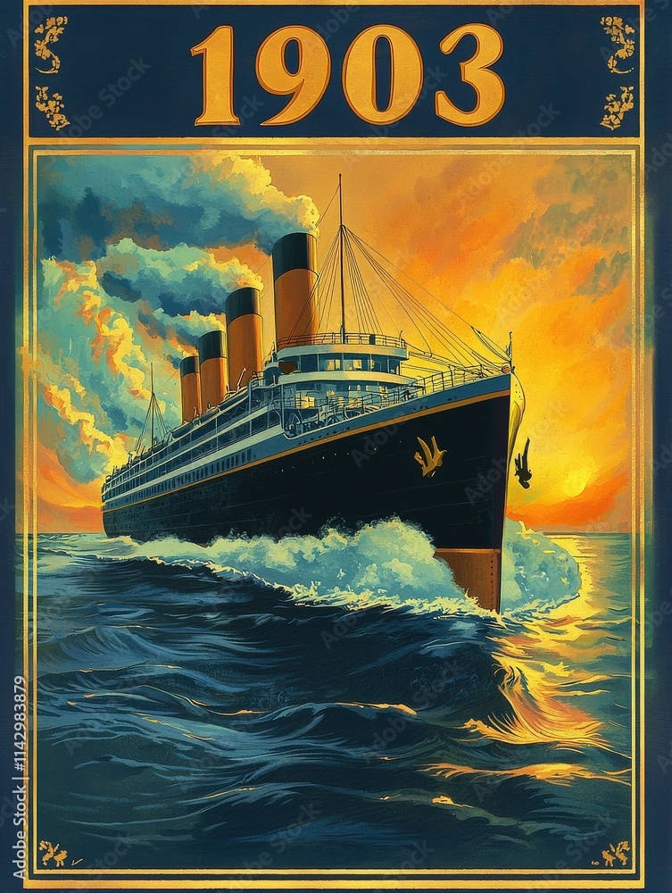 A majestic ocean liner with three towering smokestacks glides through the waves at sunset. The vibrant colors of the sky reflect on the water, creating a picturesque maritime scene.
