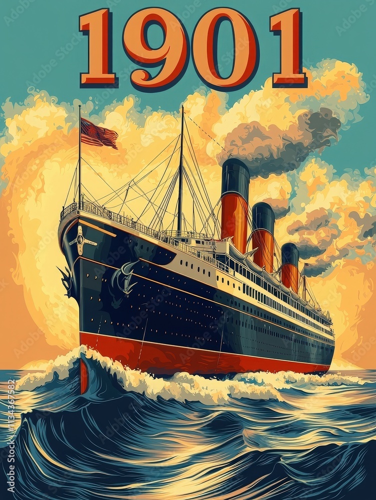 A majestic ship sails through vibrant ocean waves under a colorful sky at sunset. The powerful smokestacks rise above the deck, showcasing the technological marvel of 1901.