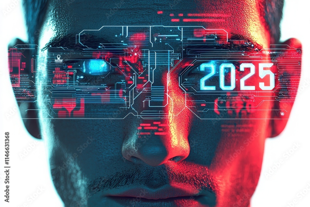 A man gazes forward with a high-tech digital interface overlaying his eyes. The interface features glowing elements, displaying the year 2025 and intricate circuitry.