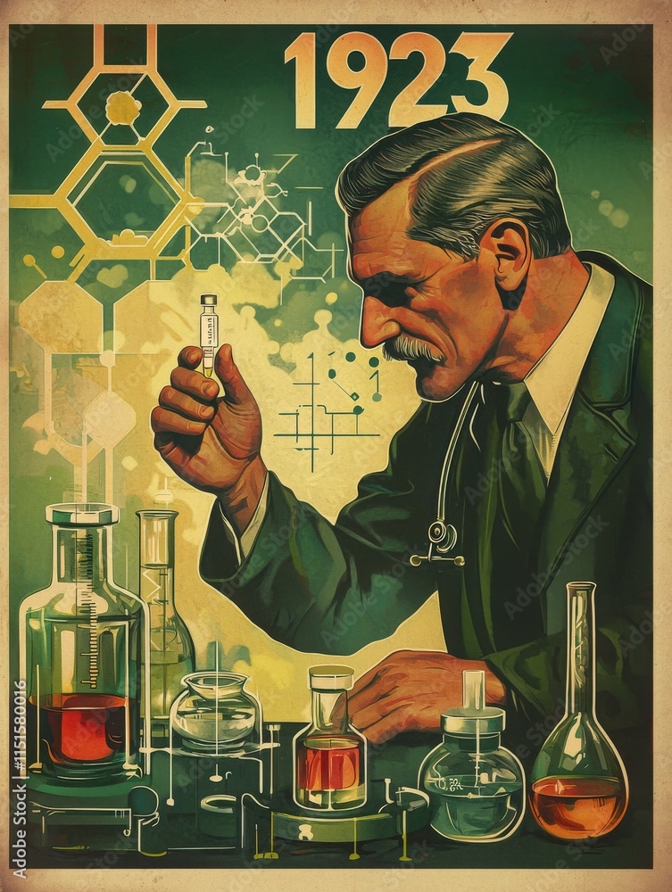 A man in a suit examines a test tube filled with colorful liquid in a vintage laboratory from 1923. Various glassware filled with chemicals surrounds him, showcasing a scientific atmosphere.