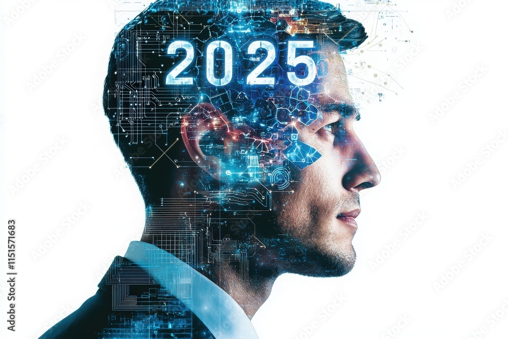 A man in a suit is shown in profile with digital elements and data streams emerging from his head. The year 2025 is featured prominently, symbolizing a future shaped by technology and innovation.
