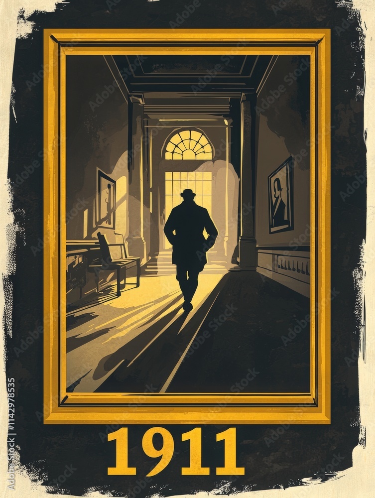 A man in formal attire walks through an art gallery, illuminated by warm evening sunlight. The contrast between light and shadow creates an intriguing atmosphere in this early 20th century setting.