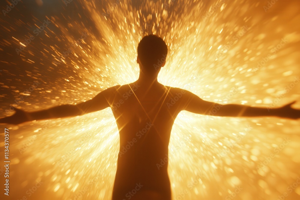 A man stands with arms wide open, silhouetted against a dazzling explosion of golden light. This vibrant display creates a powerful atmosphere of joy and freedom, inspiring awe.