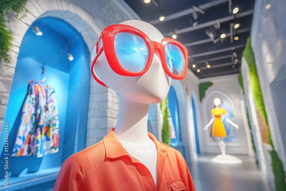 A mannequin wearing an orange shirt and oversized red sunglasses stands in a boutique showcasing colorful dresses. The bright decor and stylish outfits create a lively atmosphere.
