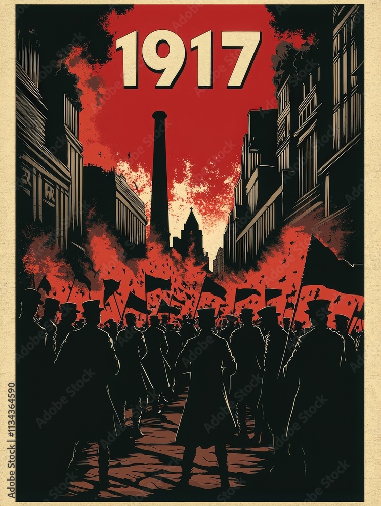 A mass of protesters rallies in the streets, holding flags and standing in formation, set against a dramatic red backdrop that symbolizes uprising and change in 1917.