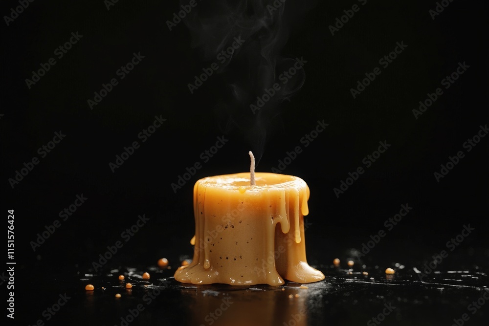 A melted candle sits on a reflective surface, with smoke gently rising from its wick. The dark background emphasizes the warm glow of the candle and its dripping wax.