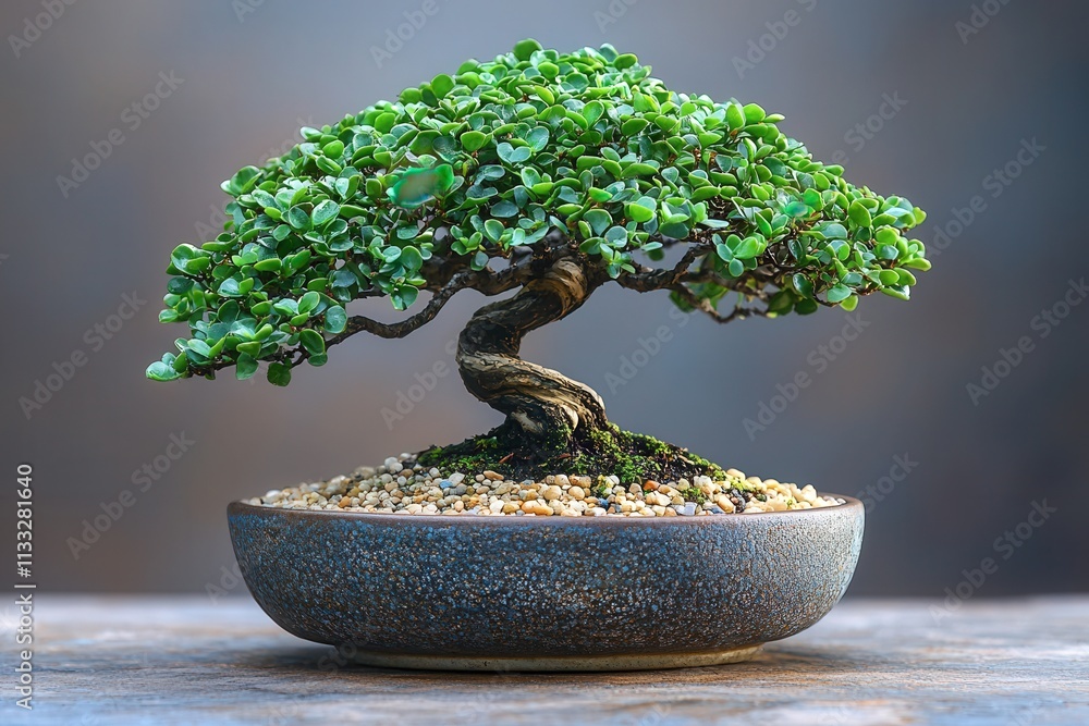 A meticulously shaped bonsai tree showcases lush green foliage atop a textured pot filled with small stones. The arrangement creates a tranquil and serene atmosphere, perfect for any space.