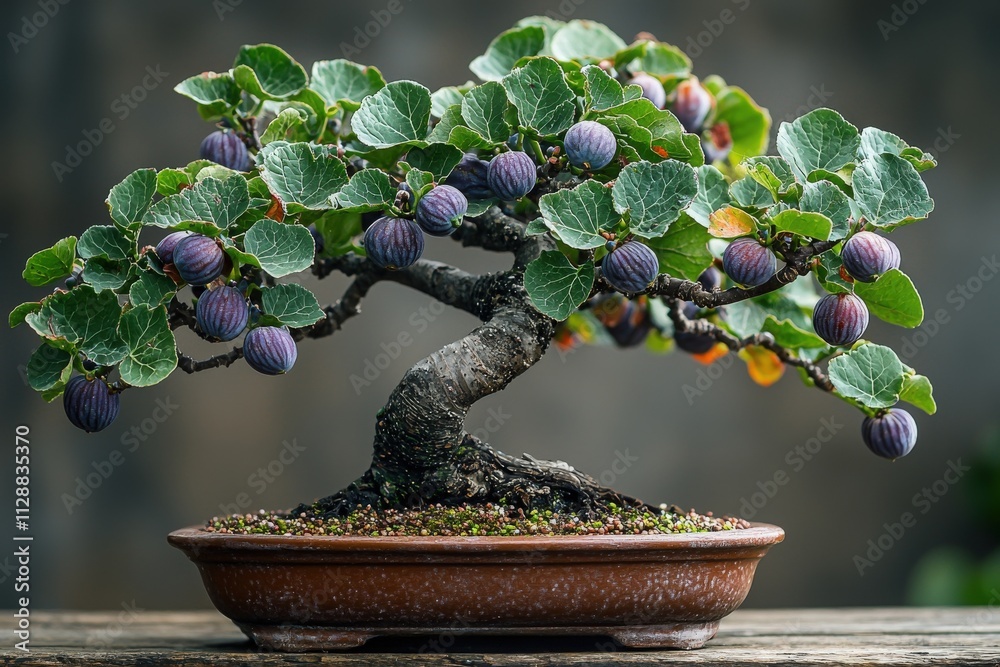 A meticulously styled fig tree bonsai displays lush green leaves and clusters of ripe figs, showcasing masterful cultivation. The earthy pot complements the natural elegance of the tree.