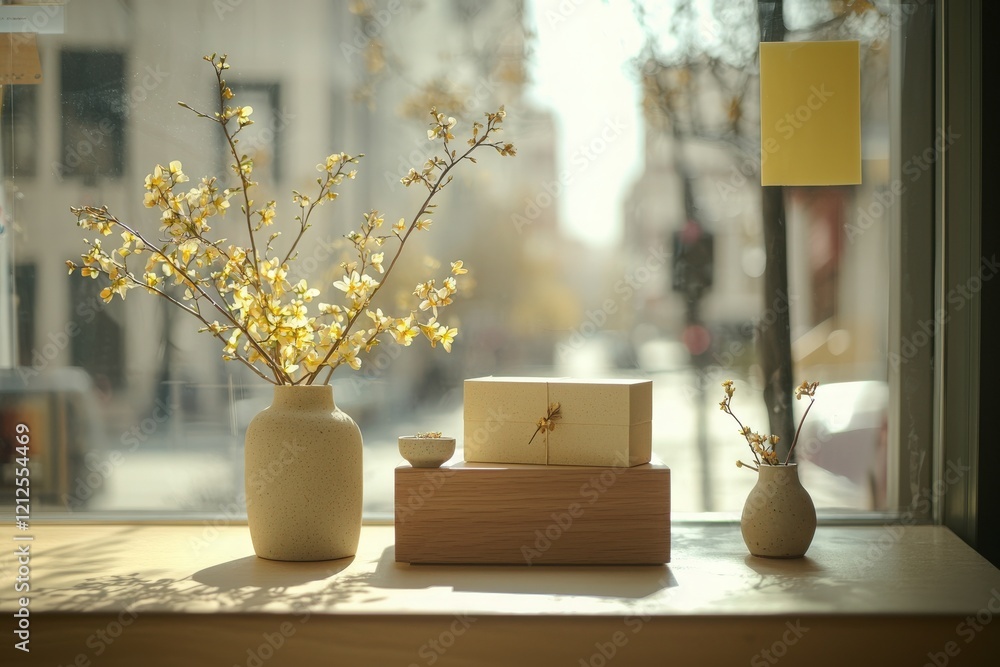A minimalist display features delicate yellow flowers in a vase, alongside wooden boxes and small ceramic pieces. Sunlight gently illuminates the scene through a large window.