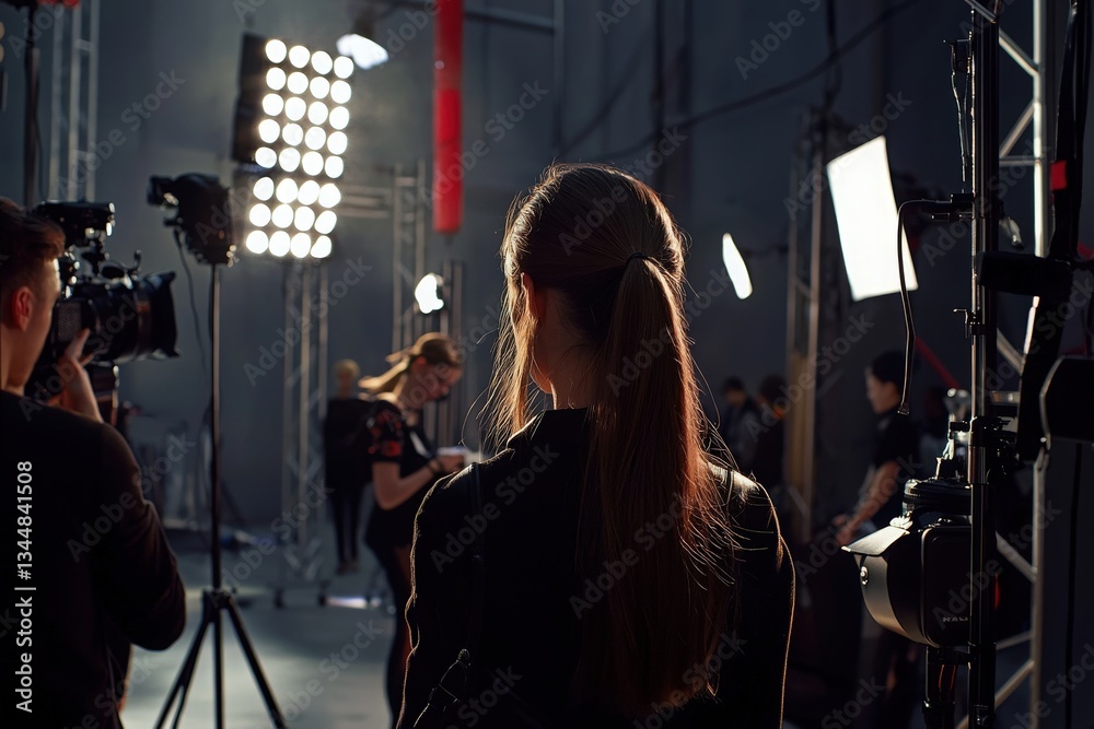 A model stands with her back to the camera, focusing on the bustling studio around her. Photographers and crew members are busy setting up lights and equipment for an upcoming shoot.
