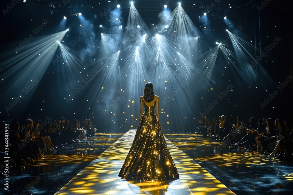 A model walks the runway showcasing a sparkling golden gown surrounded by bright lights and an engaged audience. The atmosphere is vibrant, capturing the essence of a high-fashion event at night.