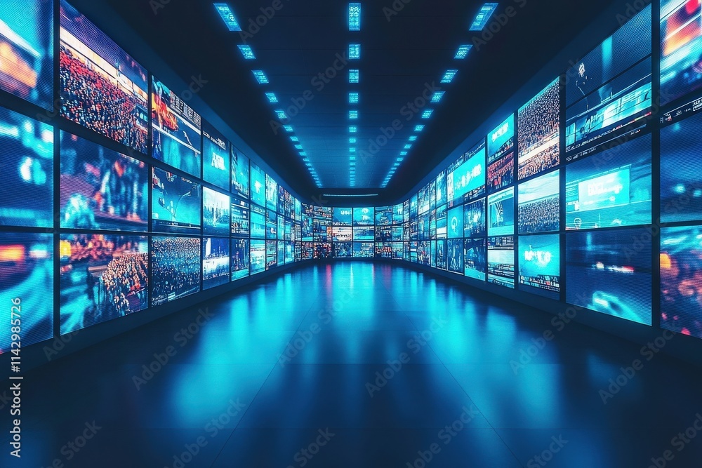 A modern art installation showcases numerous large screens displaying dynamic visuals in shades of blue. Visitors explore the immersive space, captivated by the digital experience.