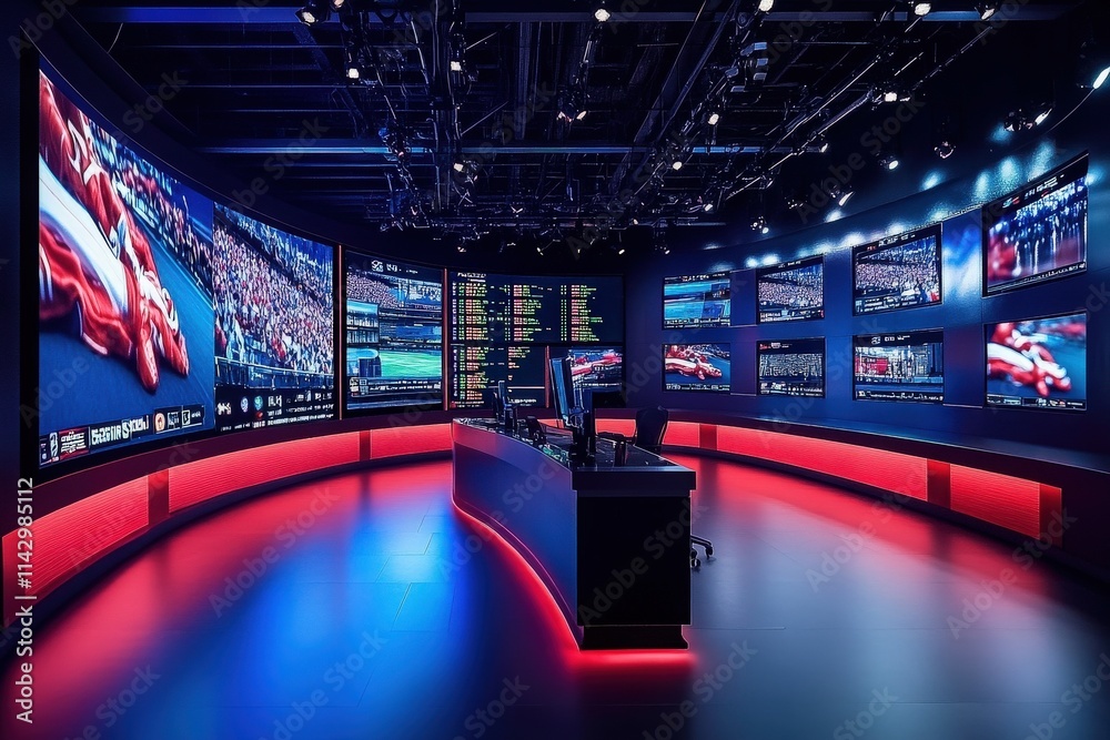 A modern betting area features numerous screens showcasing live sporting events and updated betting odds. The sleek design highlights a vibrant atmosphere for sports enthusiasts.