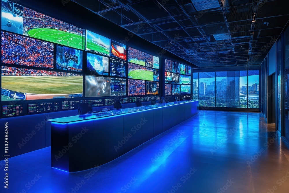 A modern broadcasting control room features an array of monitors displaying various sports events. The sleek design is enhanced by blue lighting and a panoramic city view through large windows.