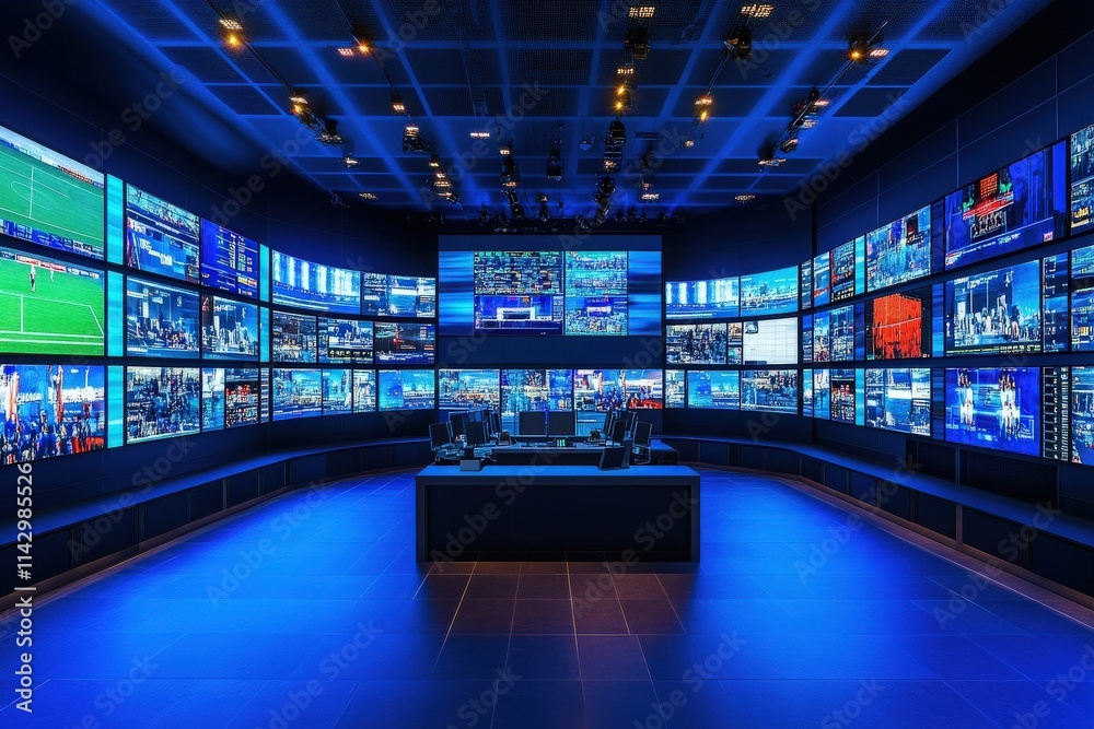 A modern control room features numerous large screens showing sports events, news, and data analytics. Blue lighting enhances the technological atmosphere, creating an immersive environment.
