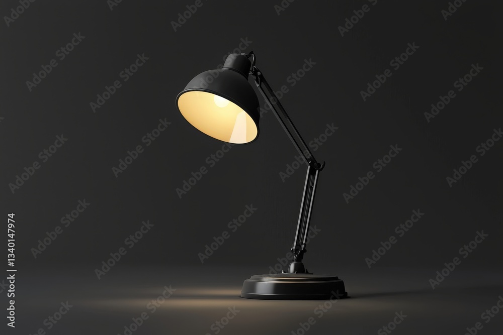 A modern desk lamp stands on a flat surface, its warm light casting a soft glow in a dimly lit environment. The sleek arm allows for adjustable positioning, enhancing its functional design.