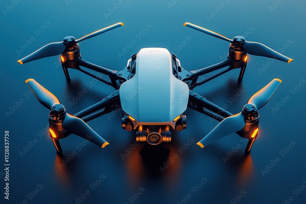 A modern drone is showcased with sleek lines and advanced propeller technology, highlighting its capabilities for high-quality aerial photography and videography.