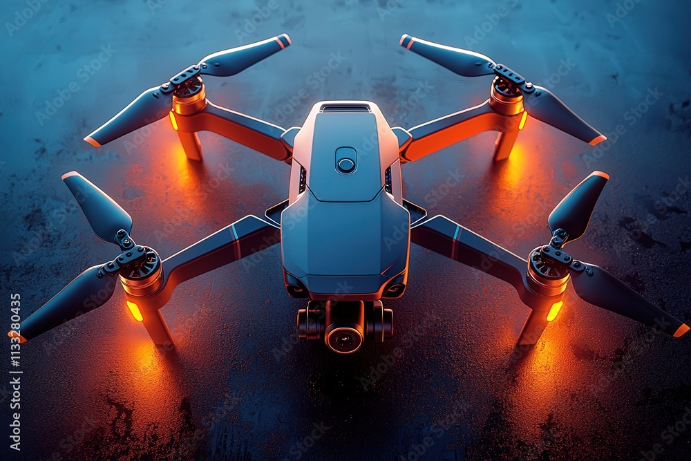 A modern drone with vibrant glowing lights is displayed against a dark background. Its sleek design and active propellers showcase a cutting-edge technology in aerial photography.