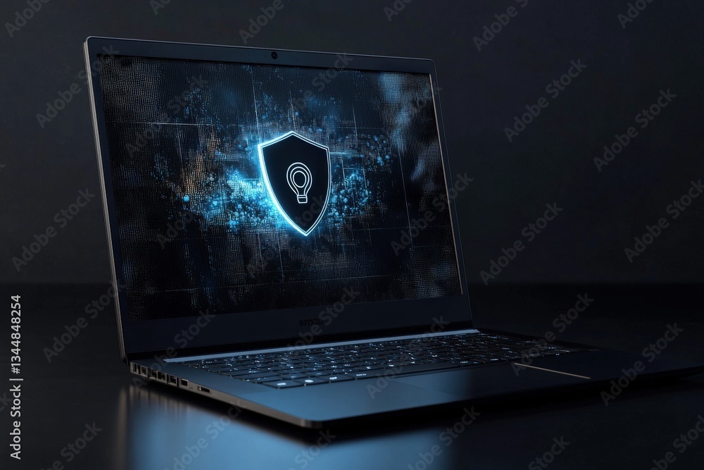 A modern laptop displays a glowing shield symbolizing cybersecurity. The setting is dark, enhancing the focus on the illuminated screen. Technology themes and digital protection are highlighted.