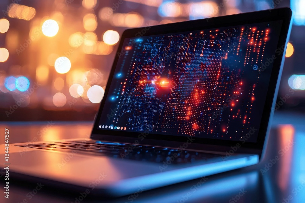 A modern laptop is open, showcasing vibrant digital artwork featuring a mix of red and blue tones. The background reveals blurred city lights, creating a dynamic nighttime atmosphere.
